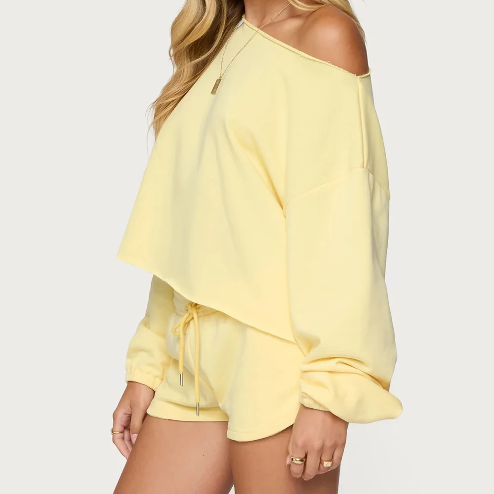 

Женские весенне-осенние повседневные комплекты из двух предметов с открытыми плечами и длинными рукавами, однотонные укороченные топы и шорты, спортивные костюмы