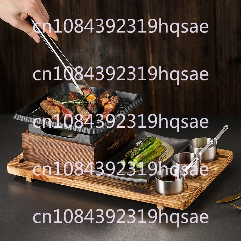 Korean BBQ Grill Set Cast Iron Square Roasting Pan with Alcohol Stove Heating Restaurant Tableware Kit Single Double Meal