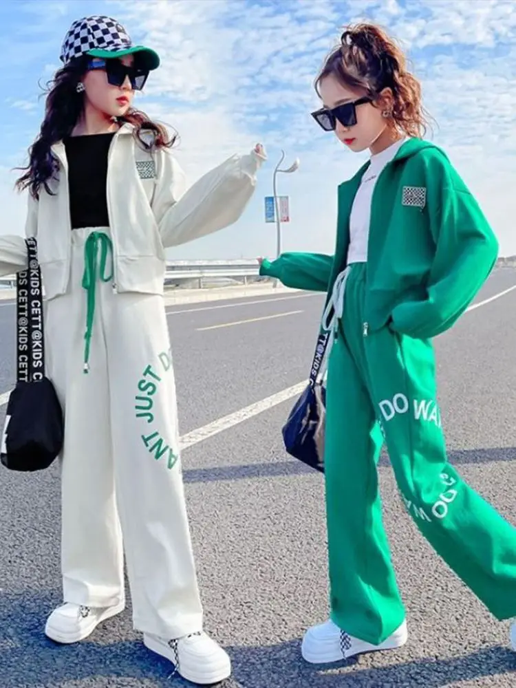 

New Girls Letter Teen Jacket Jogger Pants Suits Casual Clothes Set two piece Grey Color Children Suits 6 8 10 12 14 years