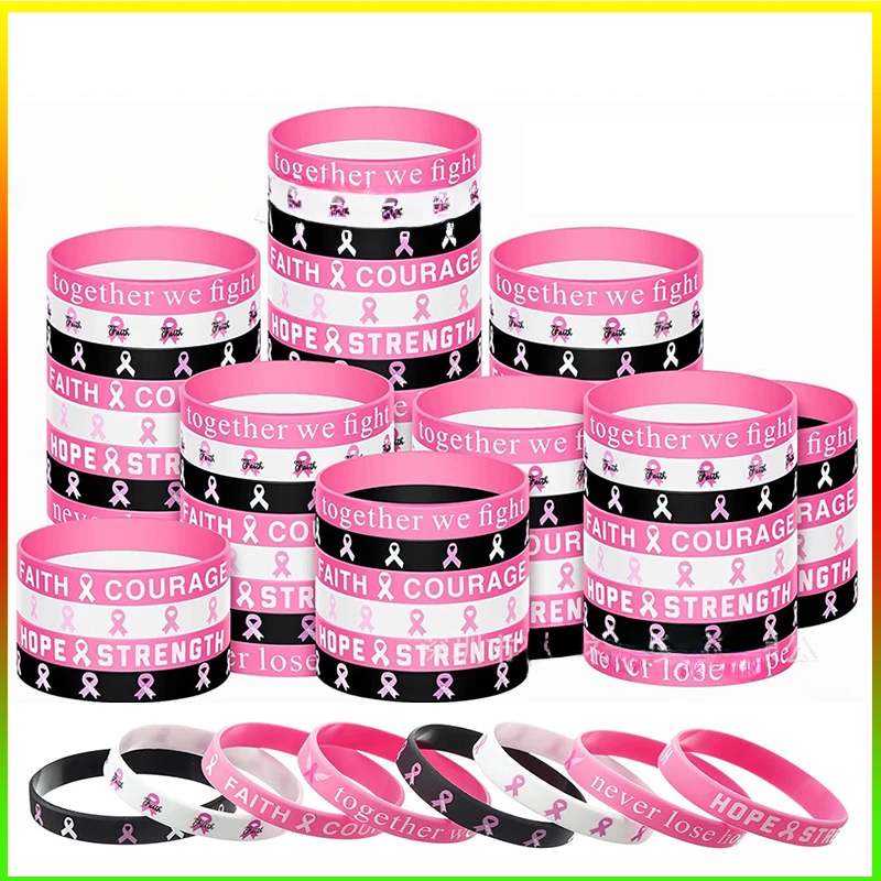 4/8/64pcs Breast Cancer Awareness Silicone Wristbands - Unisex Ribbon Hope Faith Strength Courage Inspiring Bracelets for Party