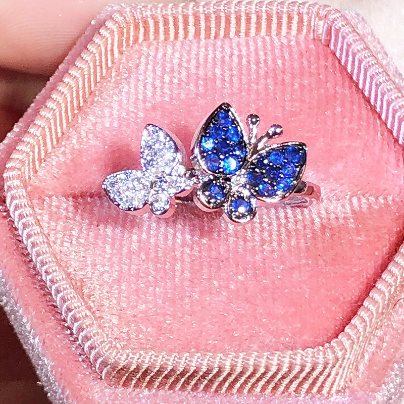 

Fashion Irregular Double Butterfly Sapphire Flowers Full Of Diamond Couple Ring For Women Blue Bow Zircon Anniversary Jewelry