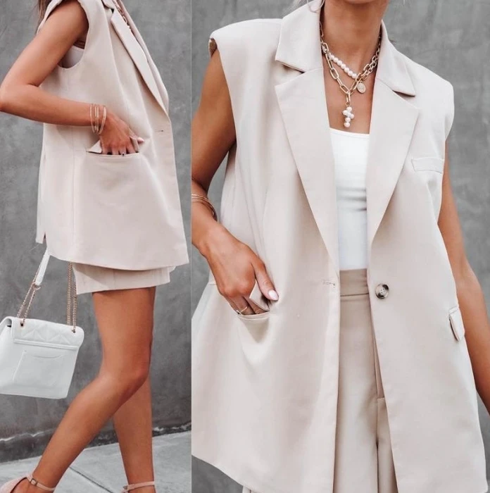 

Women's Elegant Suits 2024 Spring Summer Latest Urban Style Lapel Collar Sleeveless Button Blazer Vest & Daily Work Shorts Set