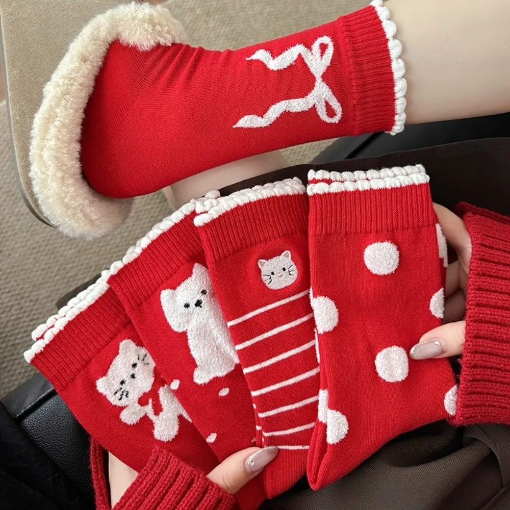 5 Pairs Kitten Combed Cotton Red Socks Soft Creative Polka Dot Socks Fashion Comfortable Stripe Socks Spring Festival