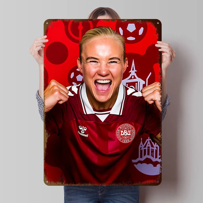 Excited Soccer Player in Denmark Jersey Printed Poster Customized Wall Art Retro Vintage Metal Tin Signs for Room Desk Decor