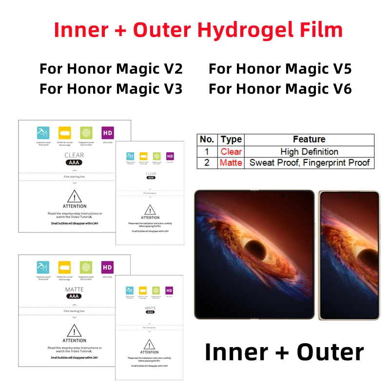 

Внутренняя и внешняя прозрачная гидрогелевая пленка для Honor Magic V6, матовая защитная пленка для складного телефона Honor Magic V2/V3/V5, защитная пленка для экрана