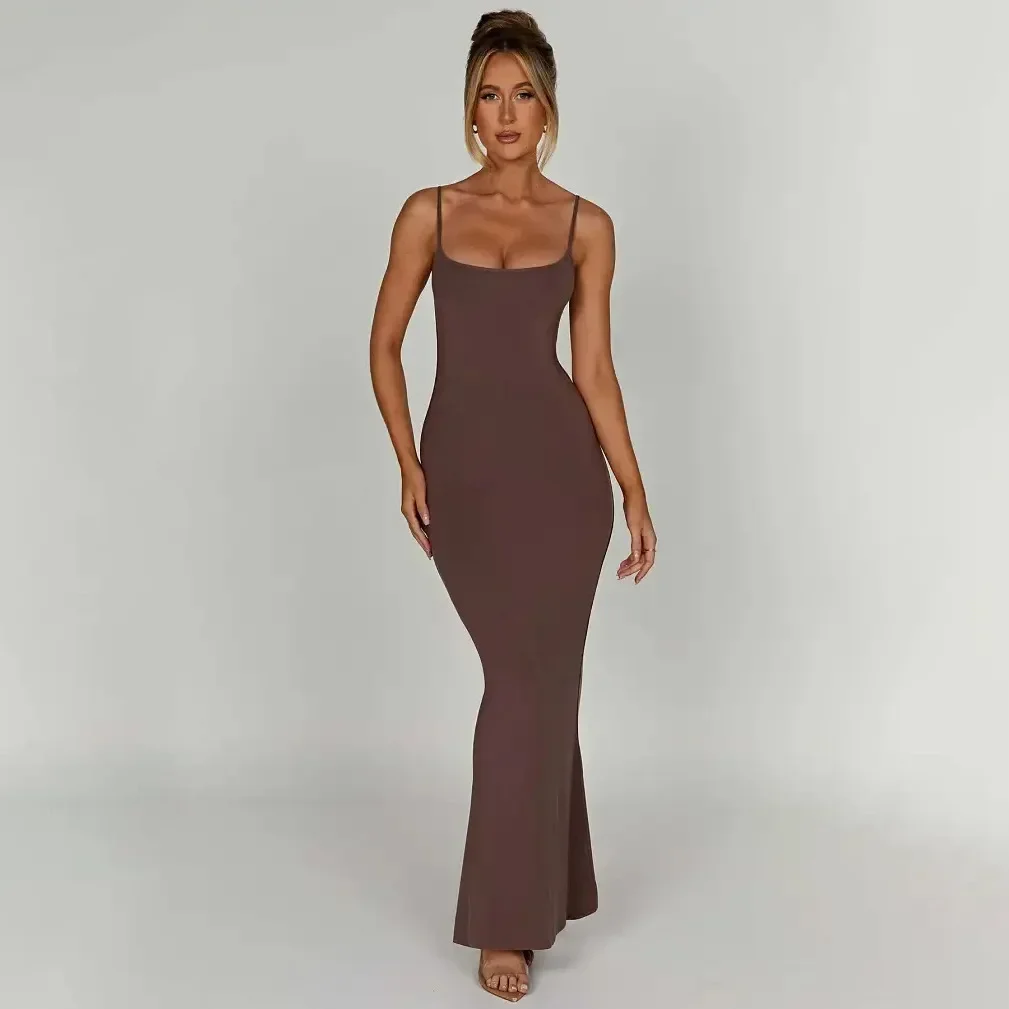 

Spaghetti Strap Backless Bodycon Maxi Dress Women Autumn New Thickened Fabric Sleeveless Club Party Sexy Long Dress