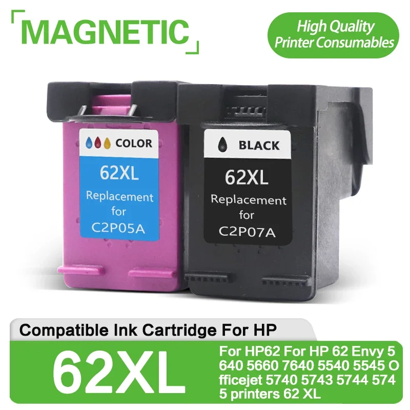 Magnetic 2PK 62XL Replacement Ink Cartridge For HP 62 XL For HP Envy 5540 5640 7640 5646 5541 5740 5742 5745 200 250 Printer