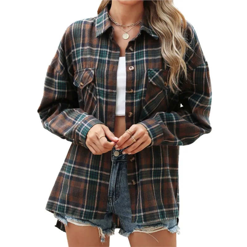 Checkered Shirt 2024 Women's Autumn Loose Button Lapel Top Casual Checkered Long Sleeved Shirt Women's Pocket Basic Style Women