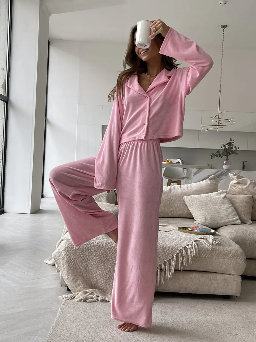 Muzuleva الوردي المخملية طويلة الأكمام السراويل بيجامة مجموعة جديدة الخريف الشتاء بالأزرار منامة المرأة ملابس المنزل مريحة #3