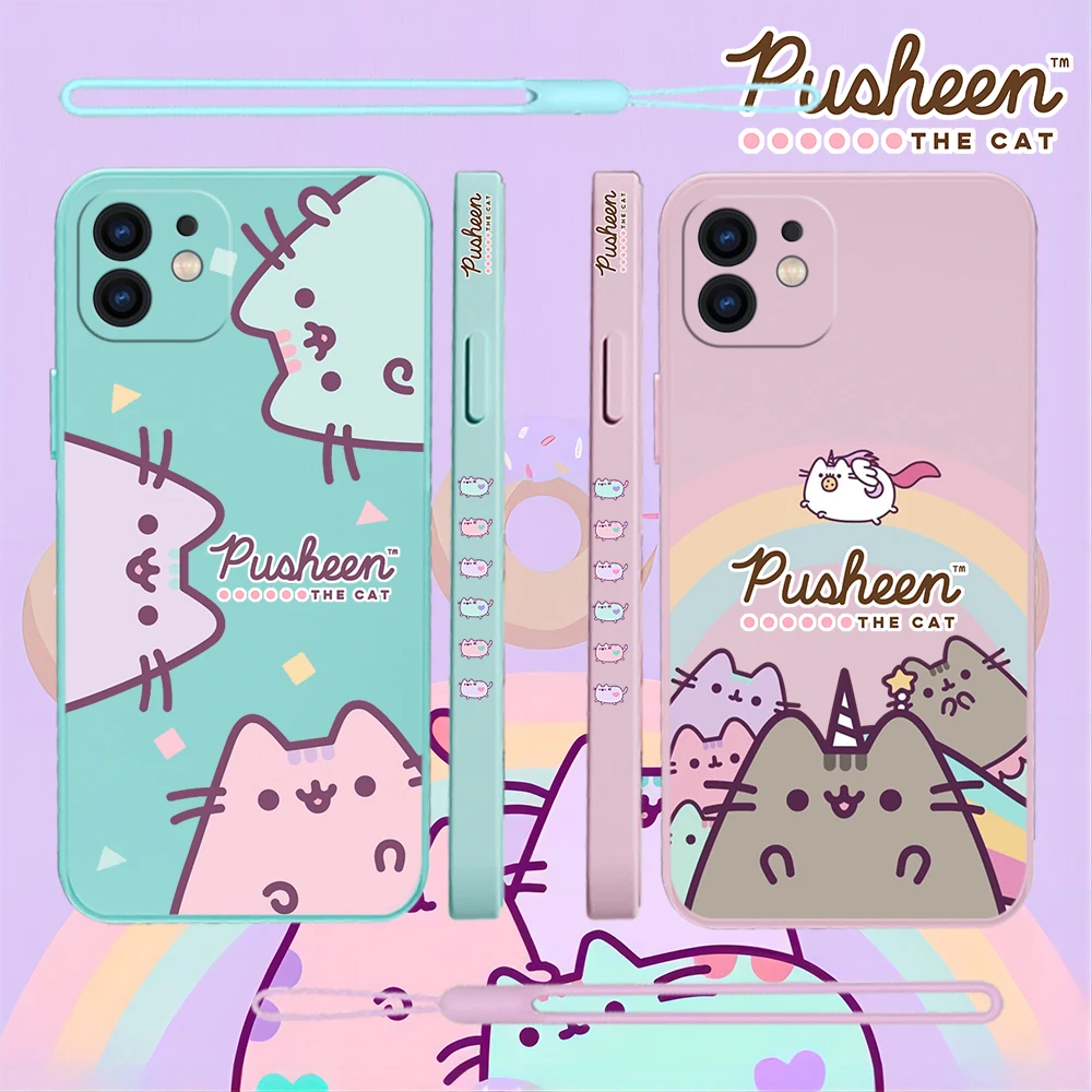 Cute Cartoon Cat P-Pusheens Phone Case For iPhone 15 14 13 12 11 Pro Max Mini X XR XS MAX SE 8 7 Plus Soft Liquid Silicone Cover