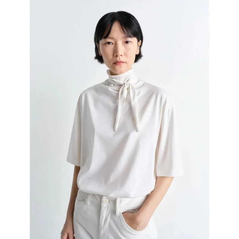 Maxdutti 2026 Summer Tops Pullover Shirt Nordic Minimalist Cotton Bow Short Sleeved Loose T-shirt Woman Clothes Female Clothing