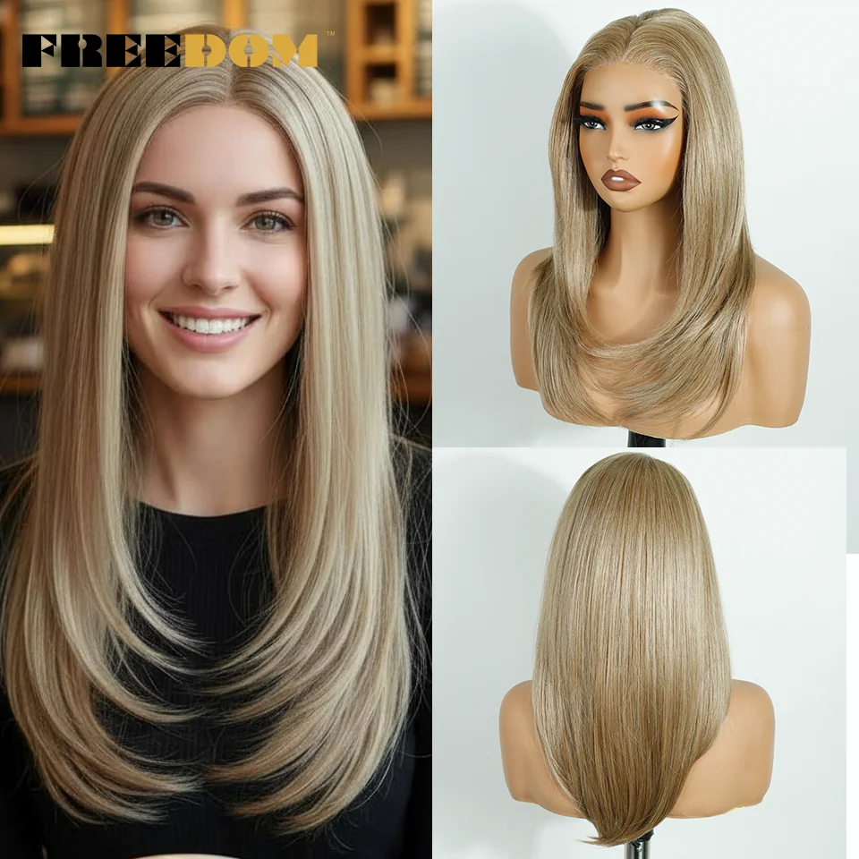 

FREEDOM Synthetic Lace Front Wigs For Women 13x6 Pre Plucked Lace Frontal Wig Wear And Go Ombre Brown Blonde Pre-cut Lace Wigs