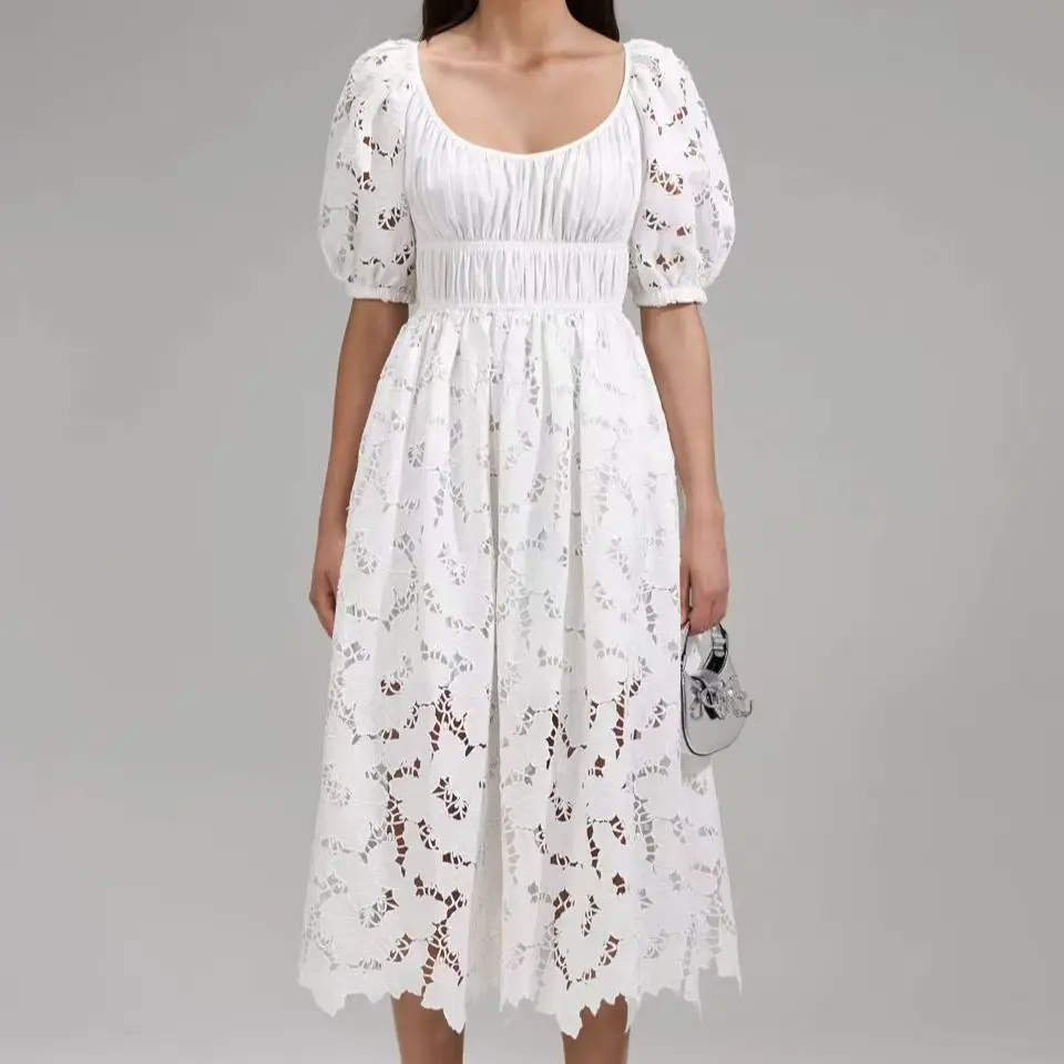 Robe mi-longue blanche pour femme, Littérature découpée, Tempérament de la mode, Nouveau, 2023