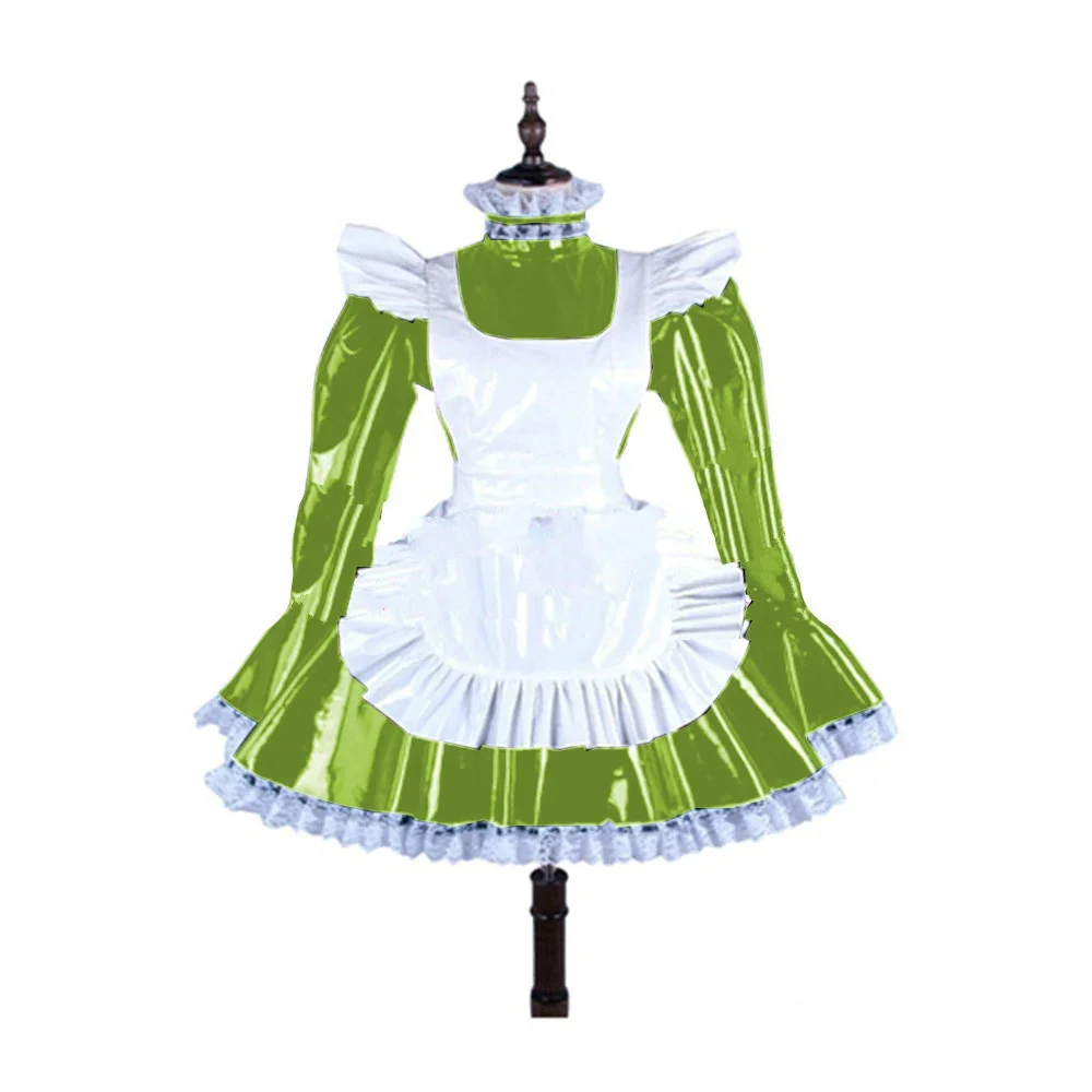 Lockable Lace Trim Maid Costume with Apron, Long Sleeves,PVC Leather,Pleated A-Line Mini Uniform,Skintight Dance Clubwear