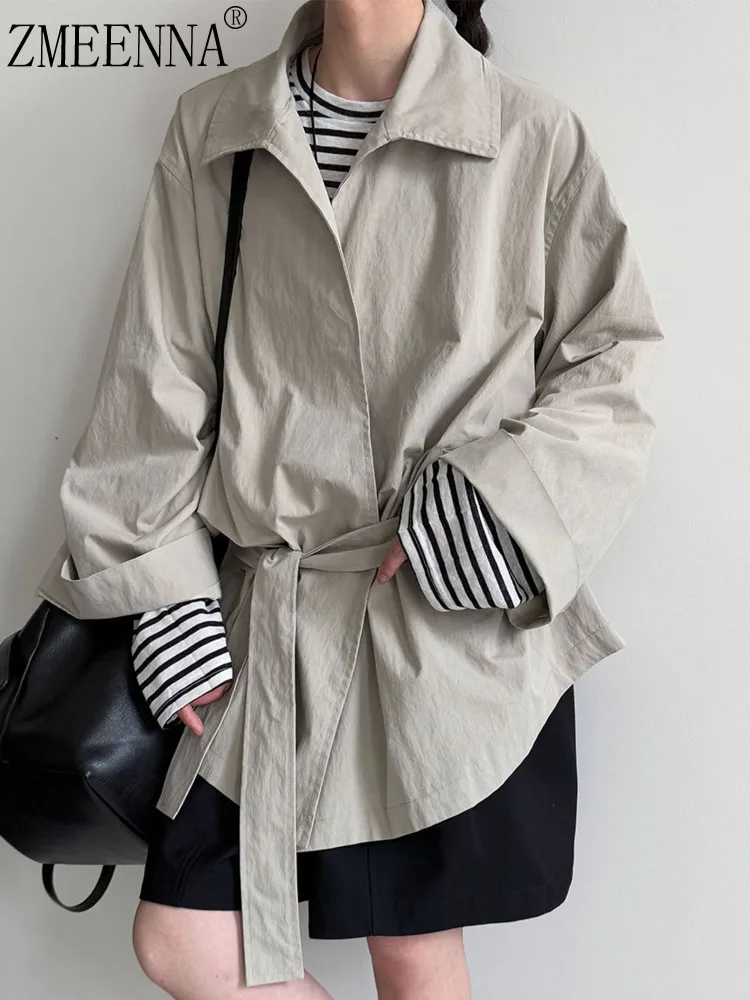

ZMEENNA Women's Casual Lightweight Jacket With Belted Waist And Lapel Collar Oversized Fit Solid Color For Fall ZM3767