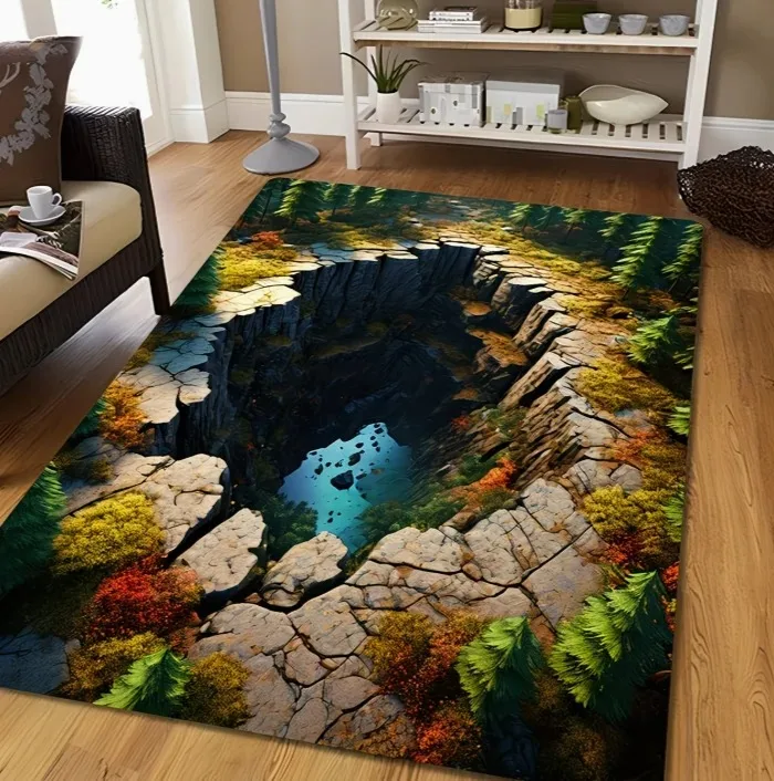 Crack Cliff Pit Rug Soft Floor Mat Forest Rock Canyon Landscape Pattern Living Room Bedroom Nature Theme Home Decor Carpet