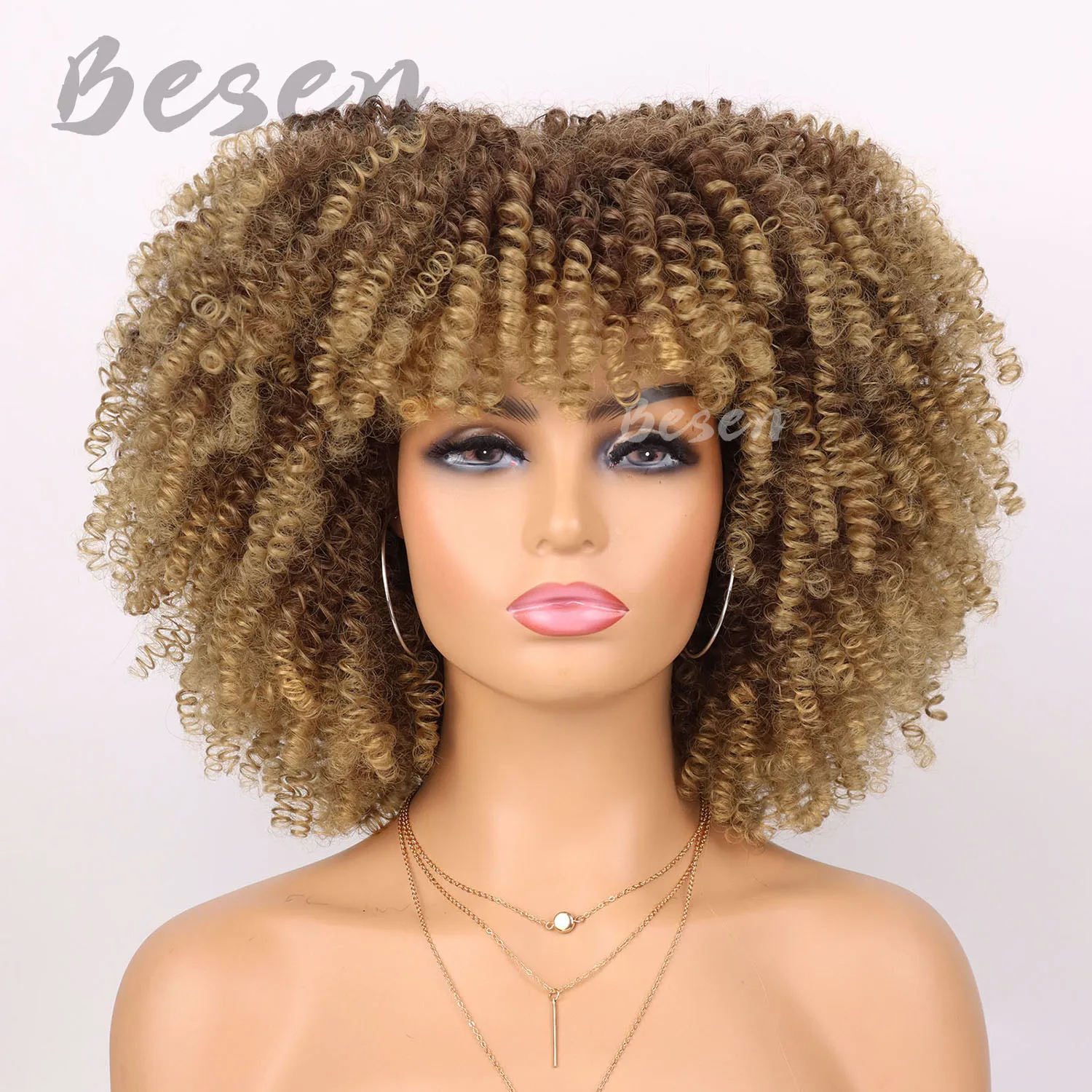 Synthetic Short Kinky Curly Wigs for Women Soft Short Afro Wig with Bangs Heat Resistant Full Afro Curly Wigs for Daily Use