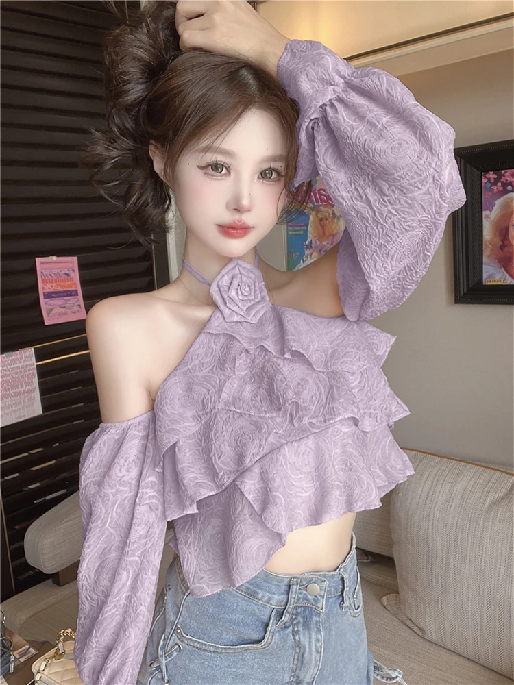 Sweet Blouse Women Elegant Ruffles Off Shoulder Flare Long Sleeve Flowers Hollow Out Loose Autumn New Fashion Shirts