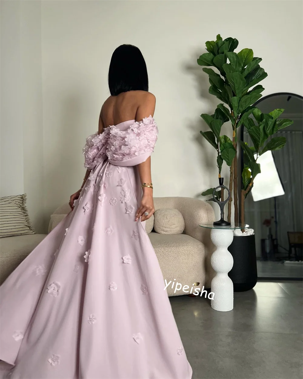 Satin Applique Cocktail Party A-Linie schulter frei maßge schneiderte Anlass Kleid Midi Kleider Saudi-Arabien