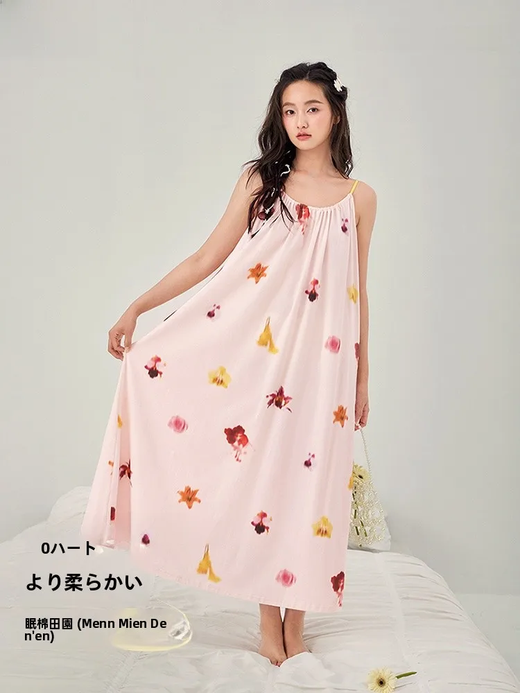anziban-summer-pure-cotton-sleep-dress-women's-style-floral-print-gown-gentle-floral-pattern-can-be-worn-outside-home