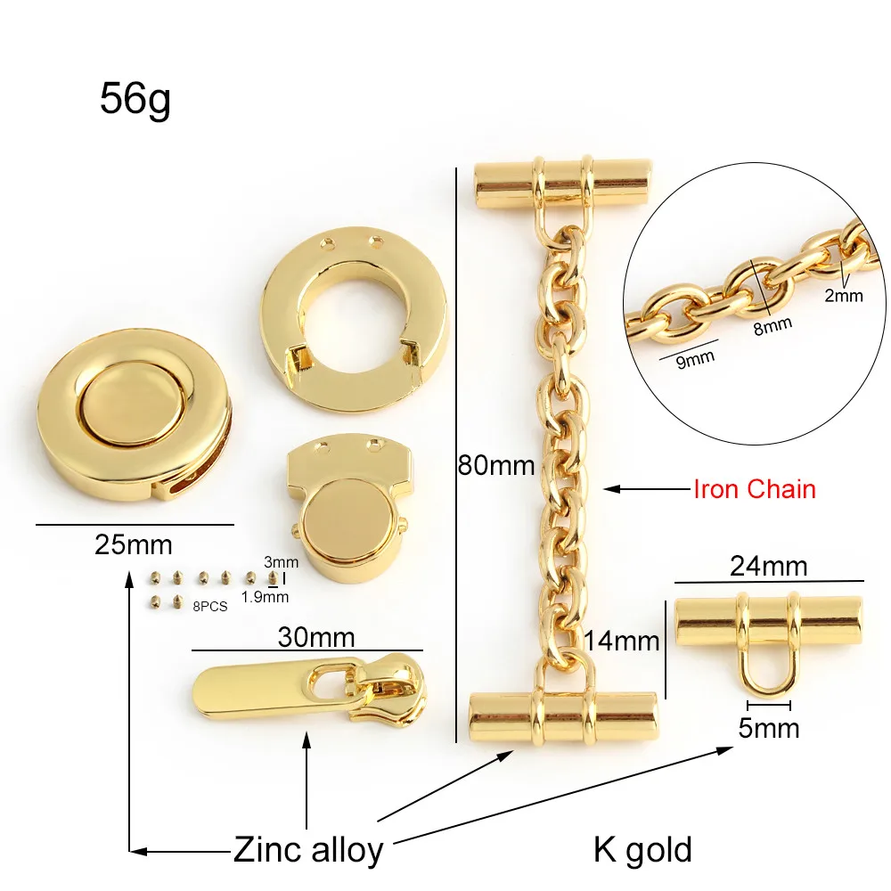 1/3/5Sets K Gold Metal Press Lock For Shoulder Tote Bag Casual Shopping Zipper Slider Replacement Chains Switch Lock Accessories