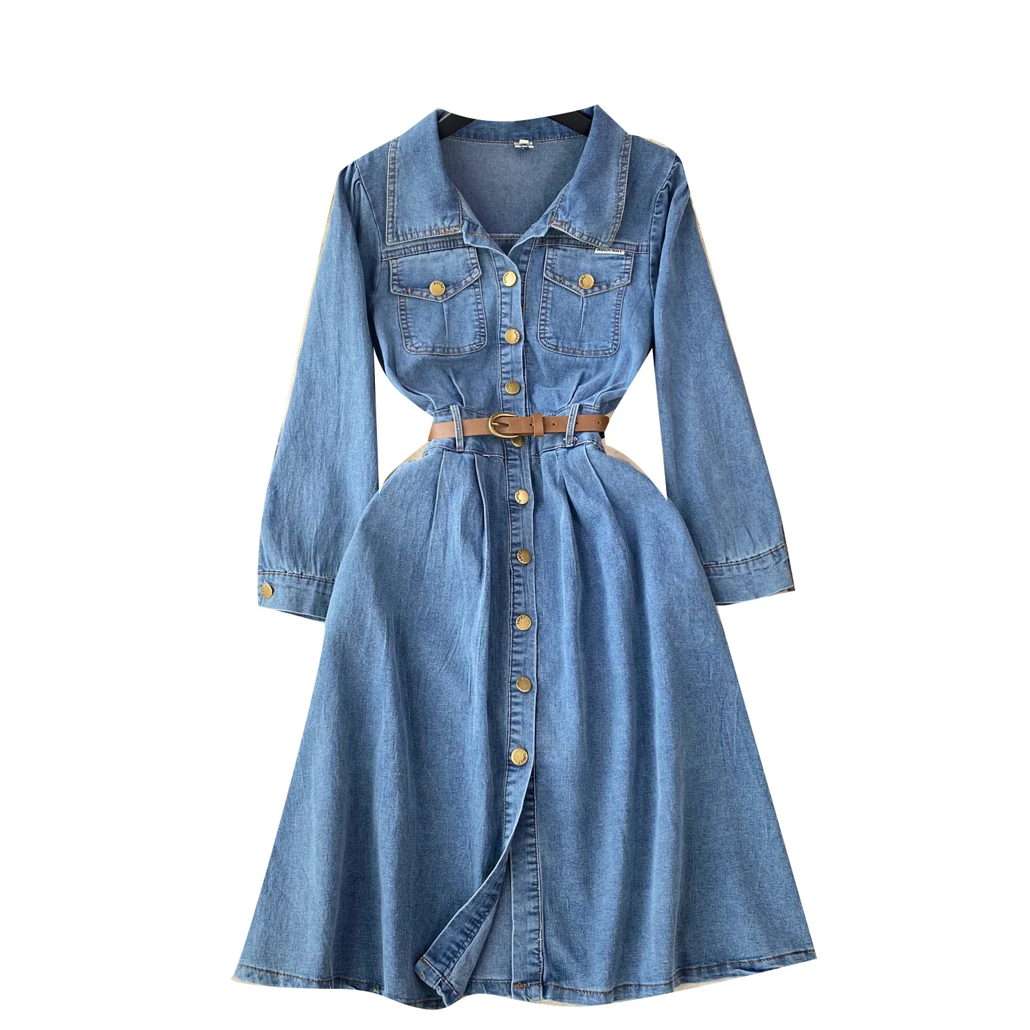 Washed Denim Dress For Women\'s Autumn New High-end Feeling Shows A Slim Waistband And Single Breasted Long Jean Dress