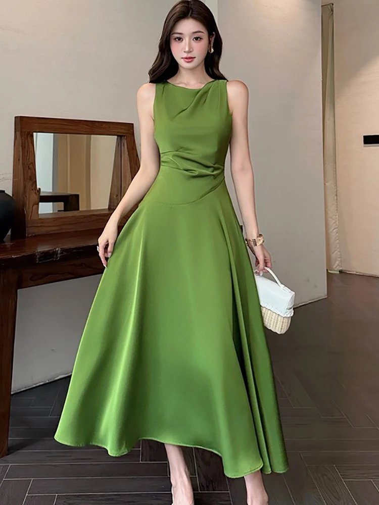 Women Green Satin Pleated Bodycon Sleeveless Dress 2026 Korean Vintage Luxury Dance Party Dress Summer Elegant Bodycon Vestidos