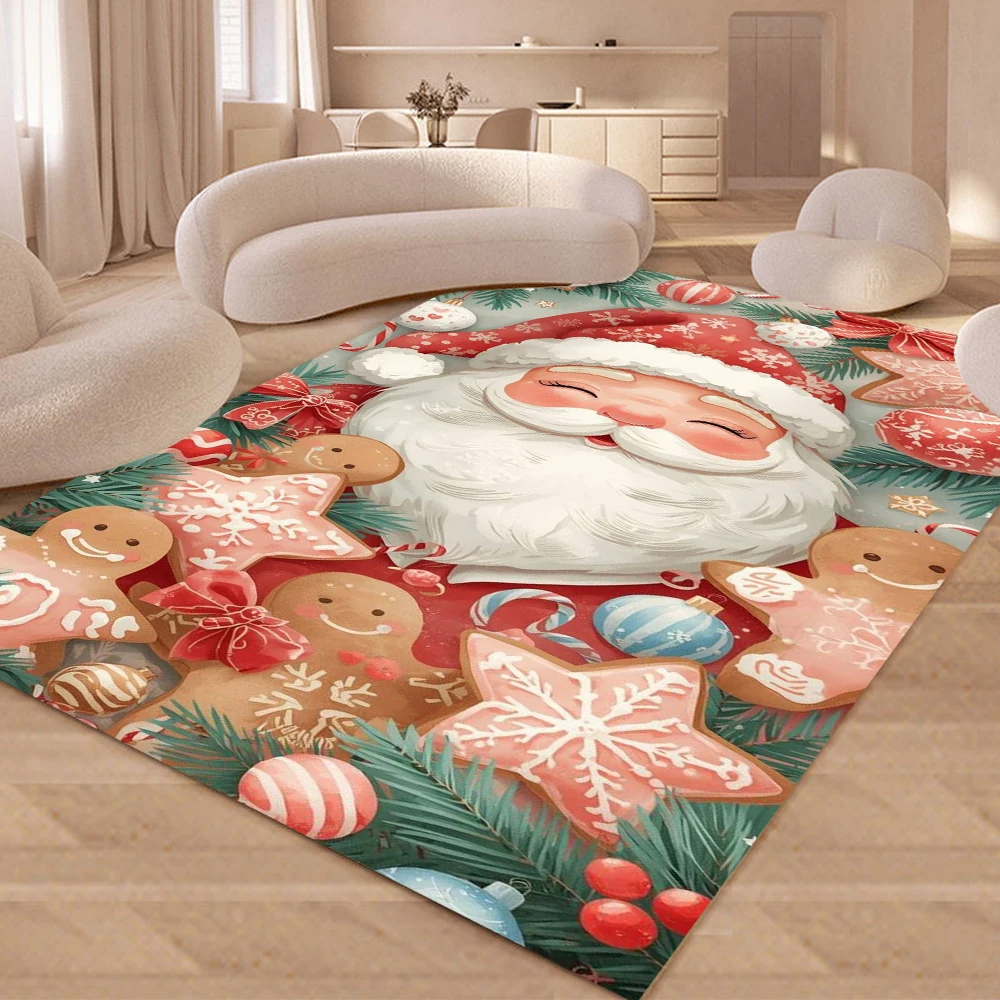 

Christmas Santa Claus Carpet Mat Gingerbread Man Snowflake Cookie Red Bow Colorful Home Decoration Rug Festive Holiday Mat