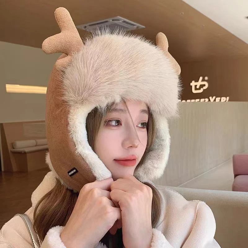 Winter Thicken Warm Flying Hat Boy Girl Cartoon Antler Plush Wool Cotton Cap Outdoor Riding Windproof Ear Protection Hats Female