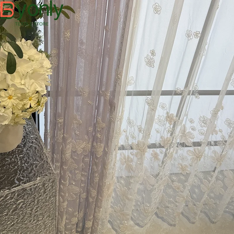 New Nail Bead Embroidery Purple White Window Screen Curtains for Living Room Bedroom French Window Balcony Window Customized