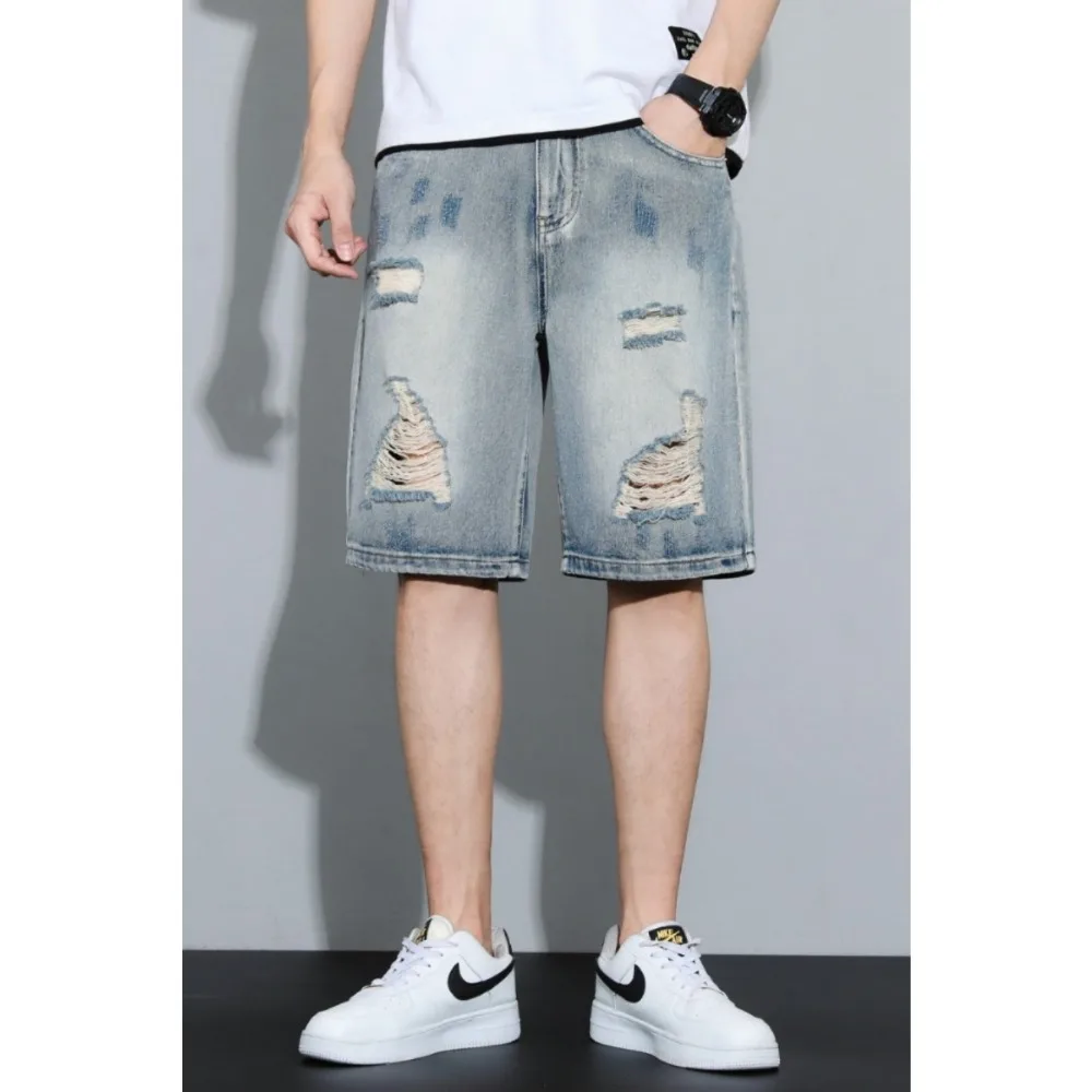 Ripped shorts for men's summer loose and trendy 2024 new denim knee length jean for men's beggars baggy  jeans streetwear