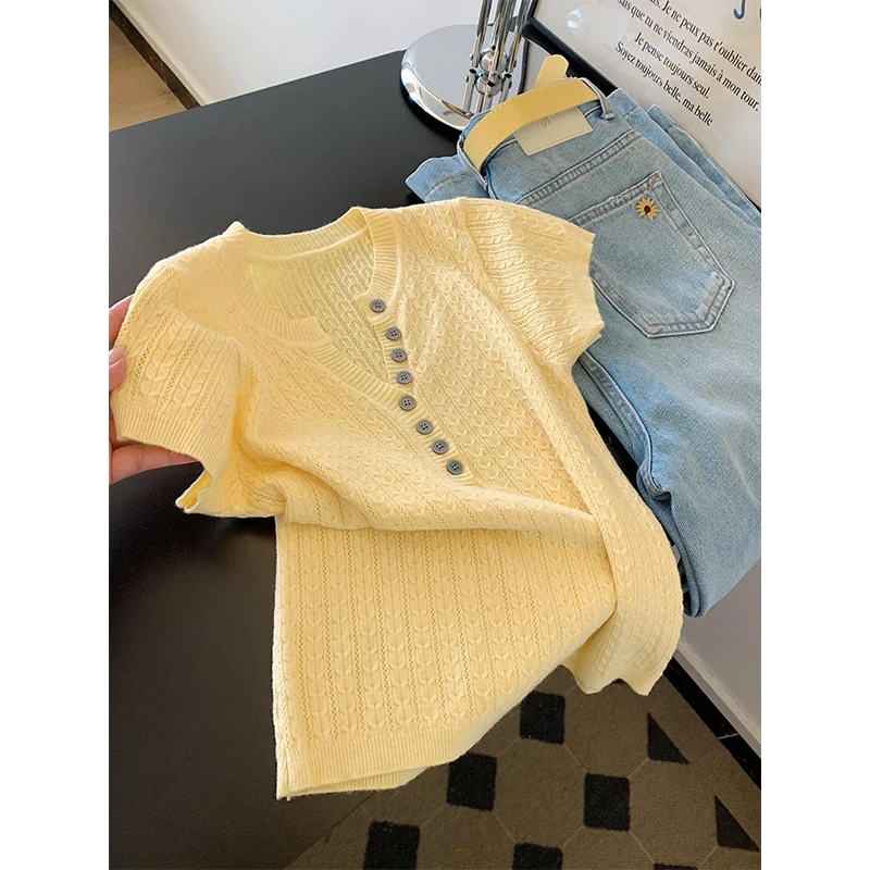 Doce Coreano Sle Amarelo Malha Or Sve Camiseta Feminina Faionable Versátil Top Verão Novo Design Rodada Ne Regular...