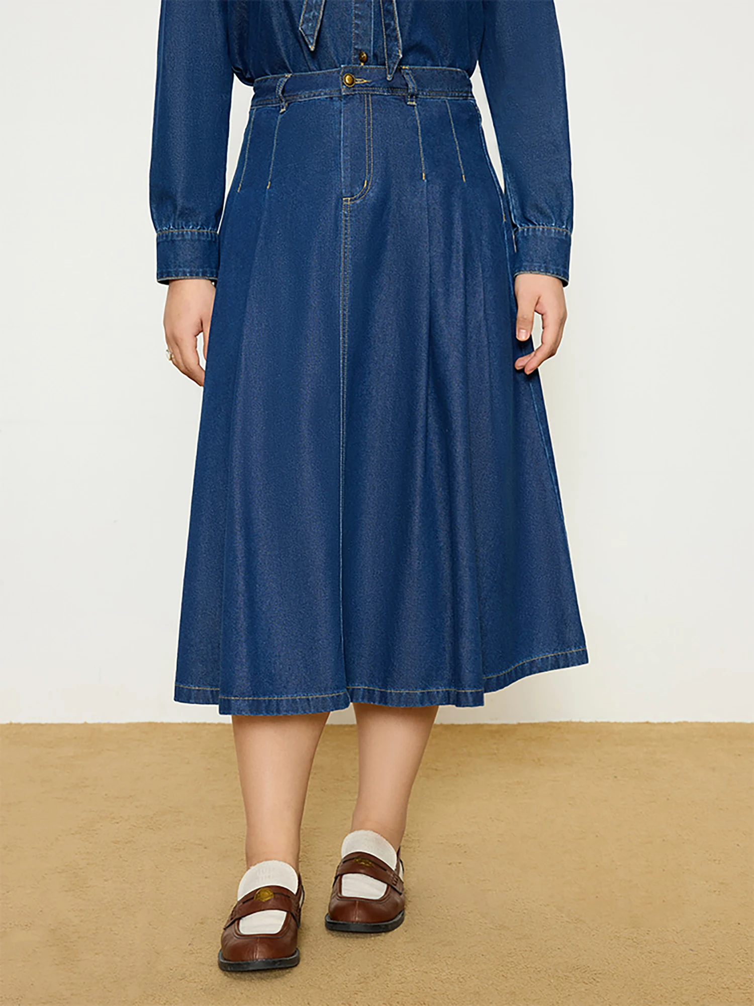 DUSHU Plus Size Vintage Style Denim Shirt Long Skirt Suit for Women 2025 Spring New Design Elegant Unique Top High Waist Skirt