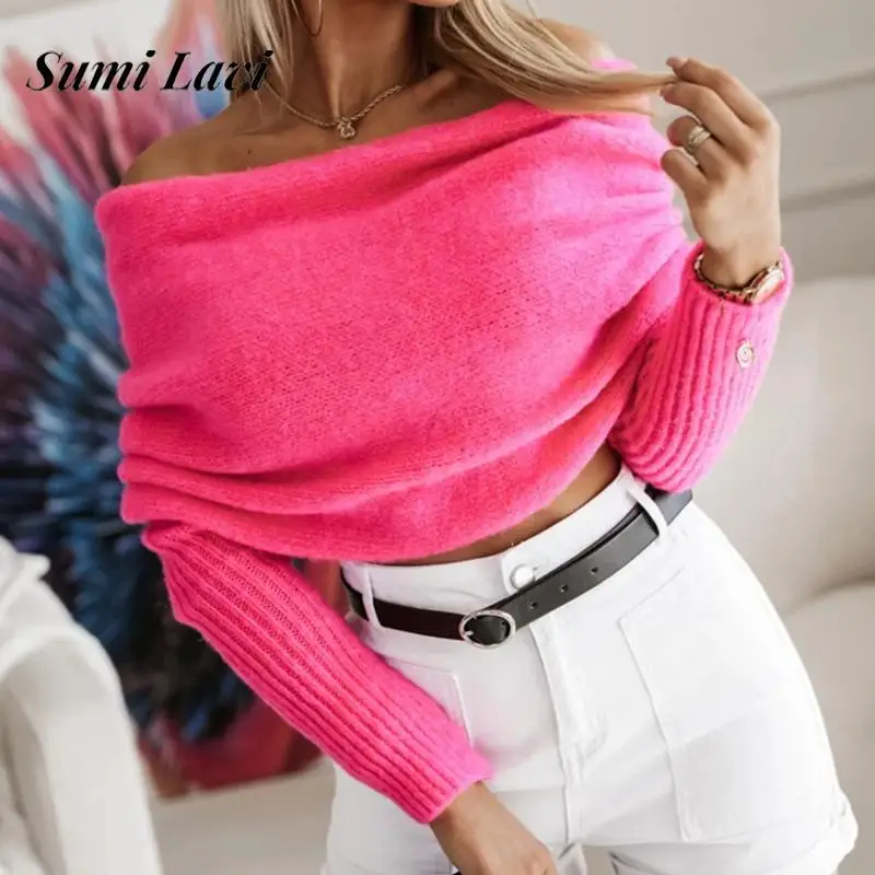 Fashion Strapless Solid Color Knitted Elegant V-neck Crossover Multicolor Sweater Women Sexy Off Shoulder Long Sleeve Jumper Top