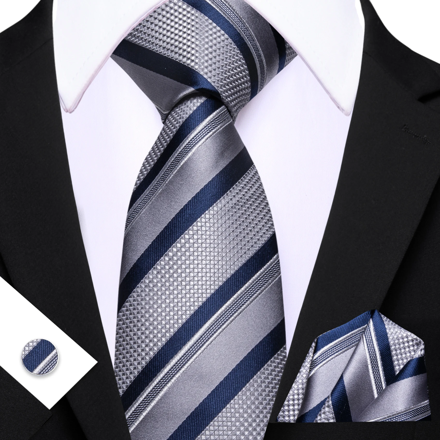 Herren-Krawatte, grau, grün, gelb, orange, gestreift, Krawatten, Einstecktuch, Manschettenknöpfe, Set, Krawatte, formelle Hochzeit, Dinnerparty