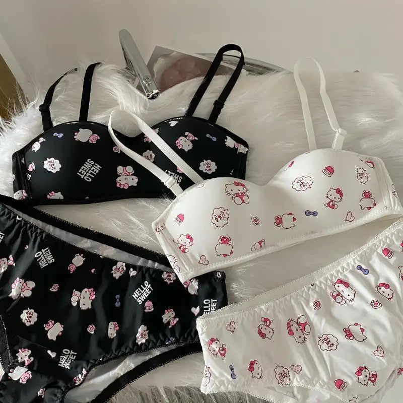 Hello Kitty Without Wires Bra Kawaii Sanrio Anime Print Small Size Underwear Set Breathable Cartoon Cute Girl Swimsuit Set Bra