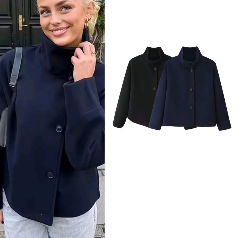 

Autumn New Women's ort Pure Color Loose Woolen Jaet Stand Collar Button Casual Versatile Coat Commute Sle Long Sve