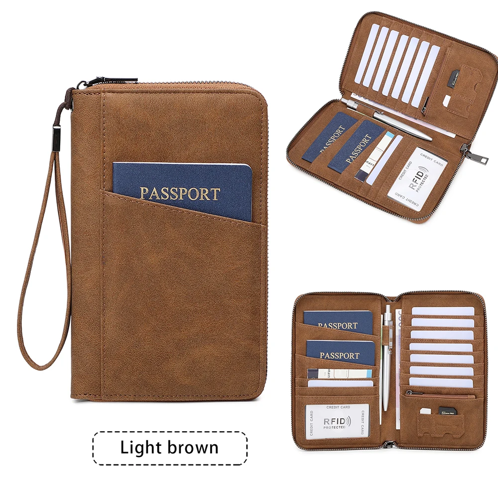 

Multi-Functional RFID Blocking Passport Bag Travel Document Holder with Long Zipper Ticket Storage Wallet for Multiple Passports