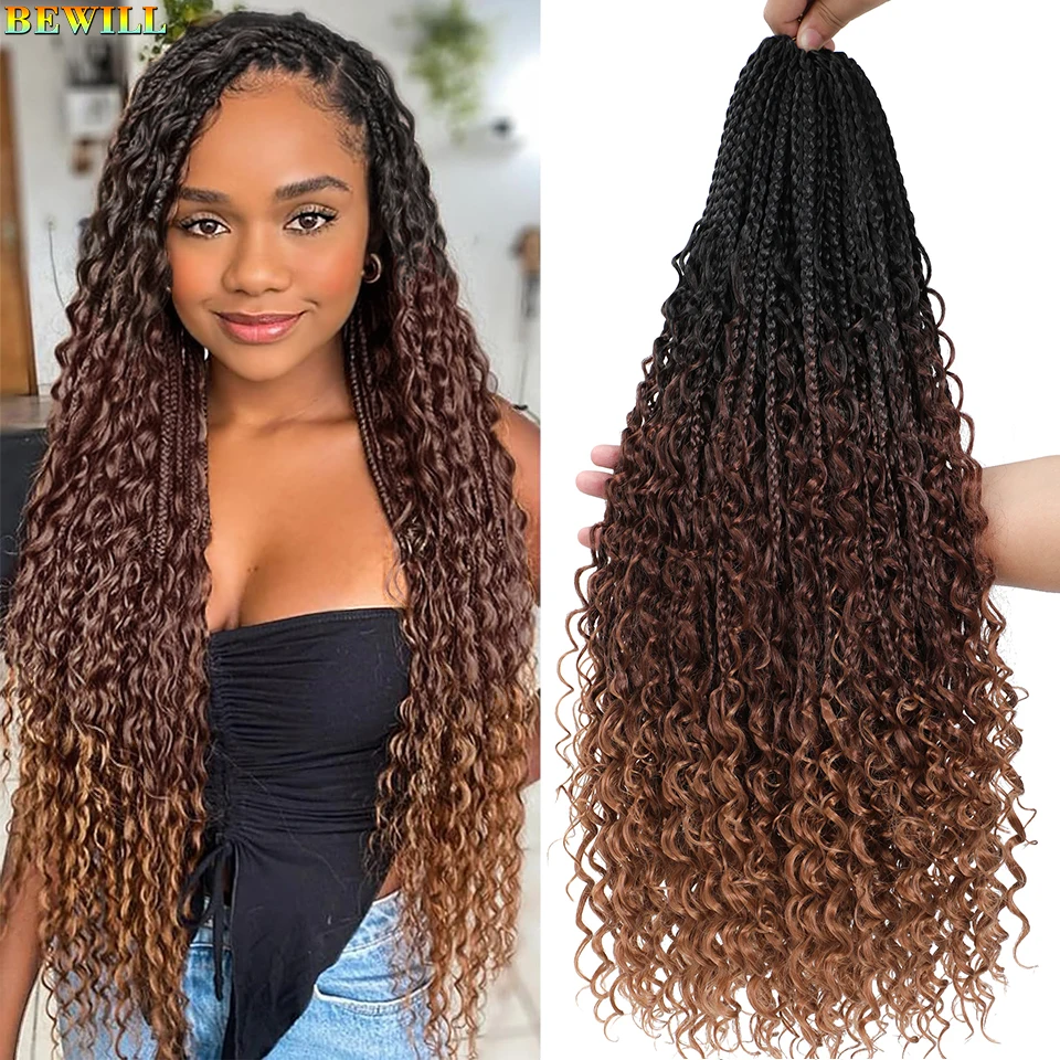 Extensiones de cabello de trenzas en caja (Box Braids) bohème diosa de 24 pulgadas de longitud, con puntas rizadas, hechas de fibra sintética. Colores 1B, 4, 30 y 27. Trencas de crochet ideales para mujeres negras