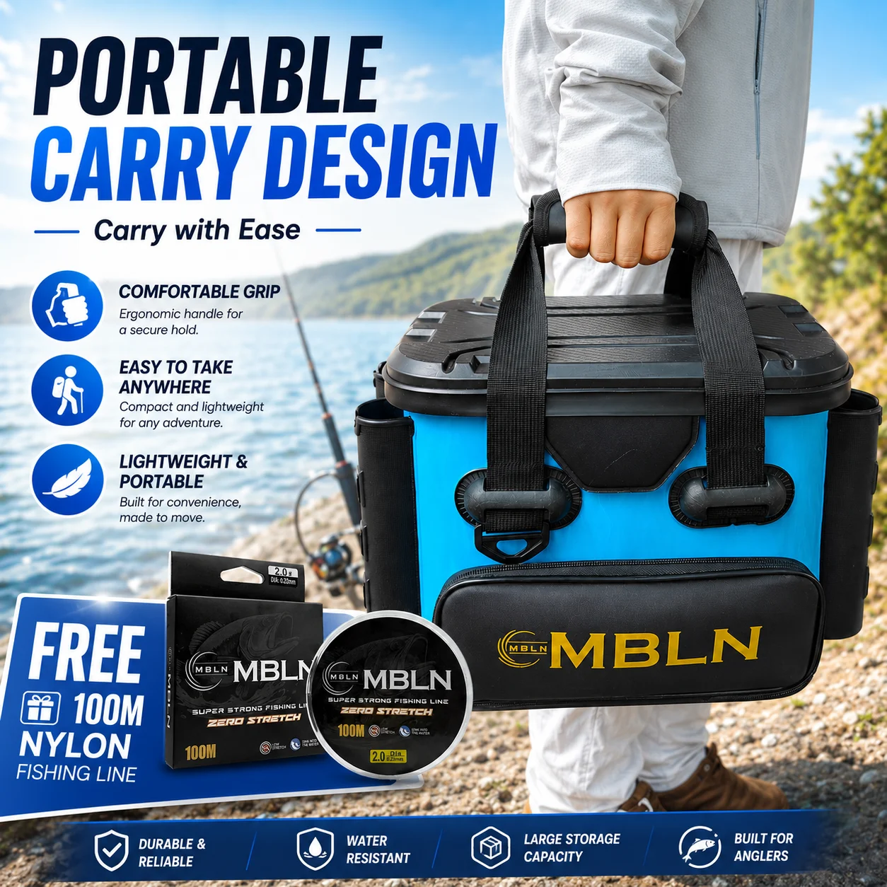 MBLN 14L Mini EVA Angelkoffer, Tragbare Hartschalen-Angeltasche mit Rutenhaltern, 70KG Tragfähigkeit, Angelschnur – Detail 5