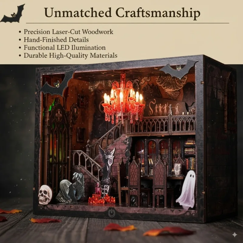

Halloween DIY Wooden Book Nook Dark House Figurine Bookend With Lights Unique Bookshelf Decoration Home Crafts Birthday Gift New