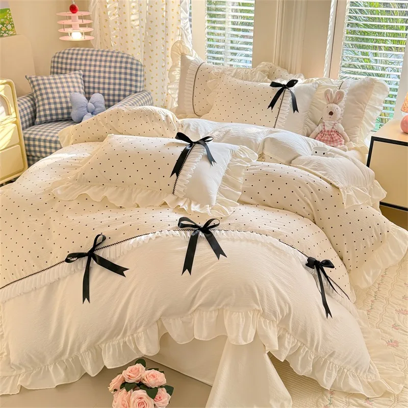 3/4Pcs Bedding Set Clouds & Cotton White Polka Dot 3D Bow Home Textile Duvet Cover Set Princess-Style Ruffle Double Pillowcase
