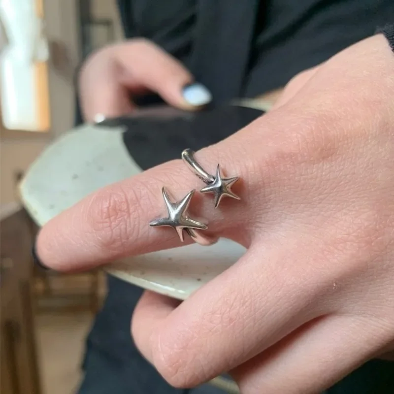 

925 Sterling Silver Geometric Star Pentagram Retro Adjustable Opening Ring for Women Fine Jewelry Minimalist Accessories