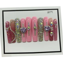 Full Cover Long Coffin Press On Nails With Rhinestone Glitter Stick Fakenail Nails Handmade Luxury Press On Nails