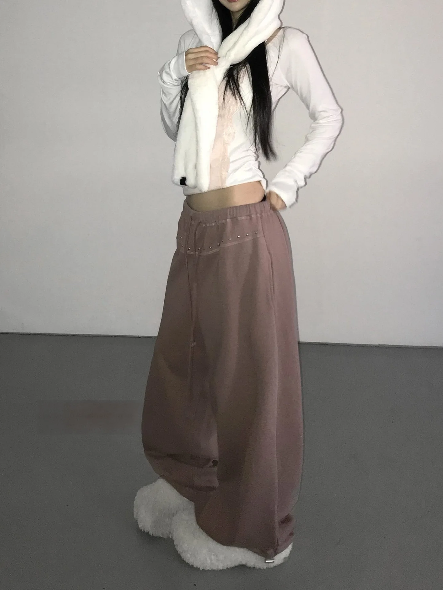 Autumn Korean New Harajuku Wide Leg Pants Rhinestone Cross Side Design Drawstring Waist Loose Fit Y2K Streetwear Casual Trousers