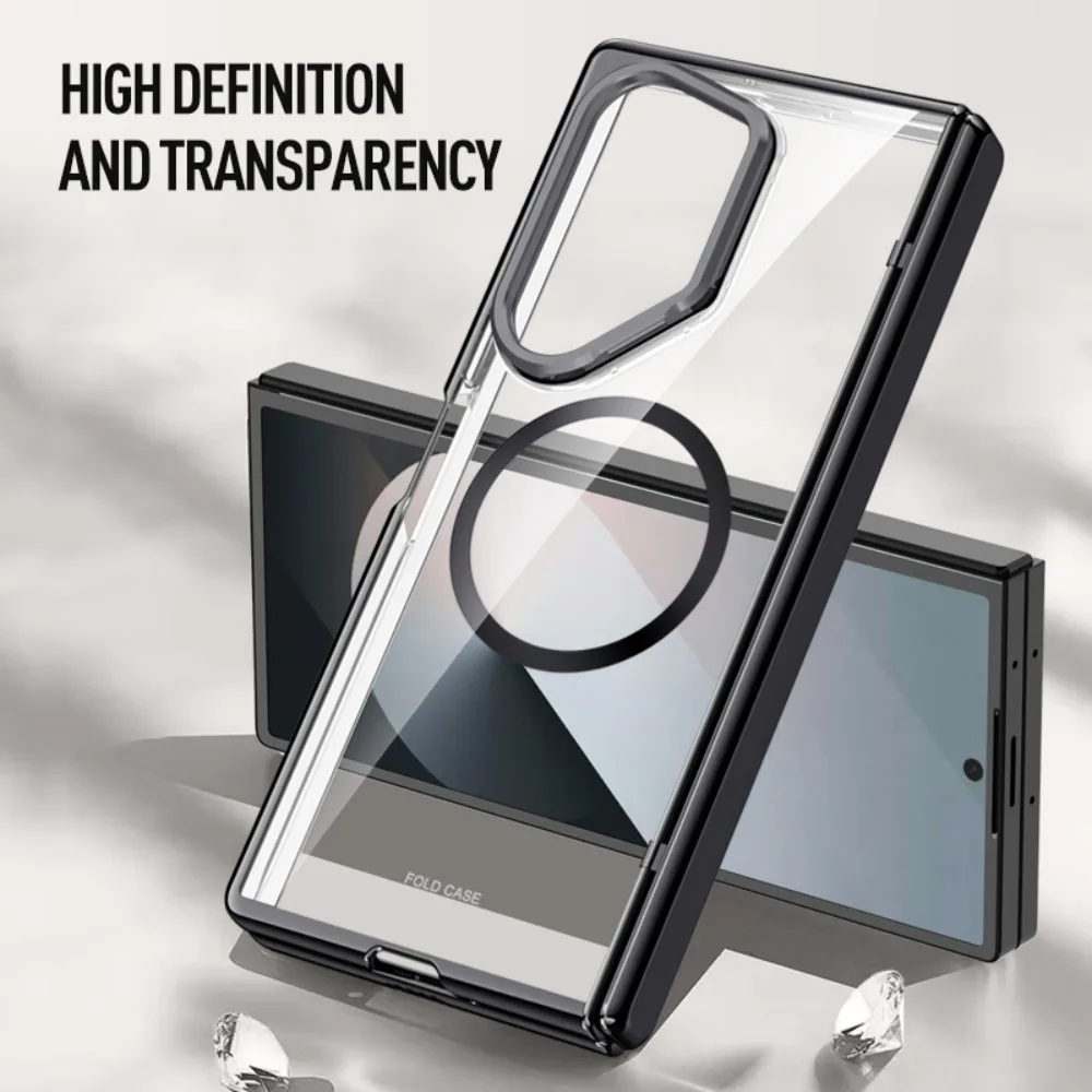 For Samsung Galaxy Z Fold 6 Case Luxury Electroplated Transparent Folding Hingle with Tempered Film Shockproof Hard Back Cover