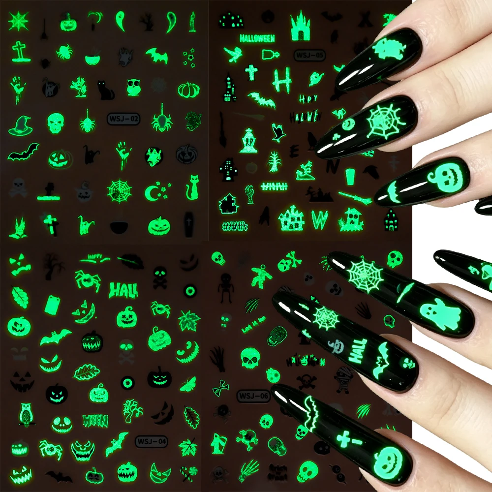 1/4pcs 3D Halloween Luminous Nail Stickers Pumpkin Ghost Bat Spider Glow‑in‑Dark Self‑Adhesive Decals For Holiday DIY Nail Art