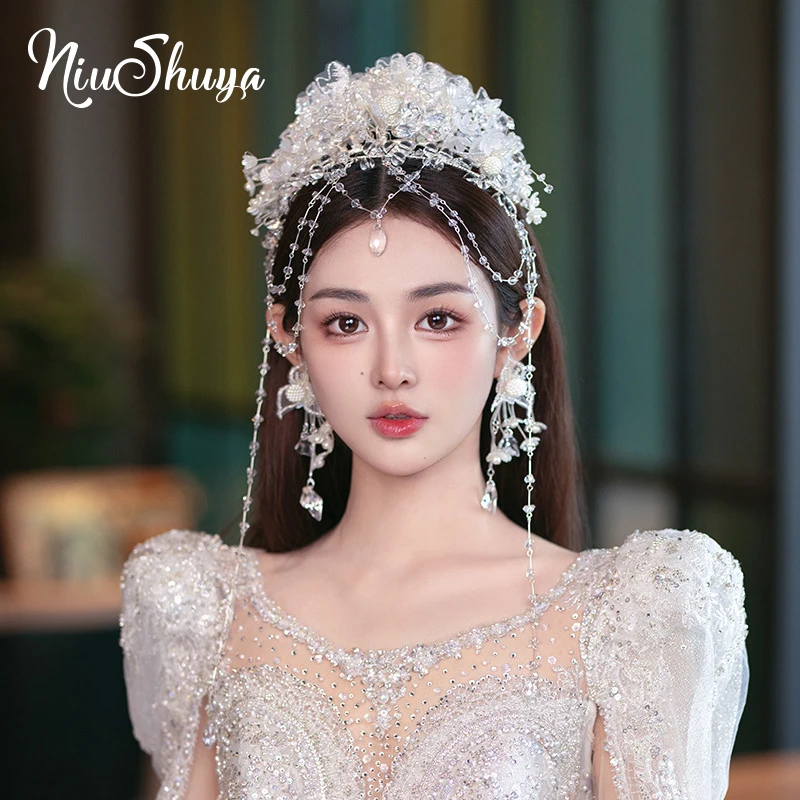 NiuShuya Tiara nupcial coreana, corona de cristal para el pelo, vestido de novia, accesorios para la cabeza de celebridades, joyería para la frente