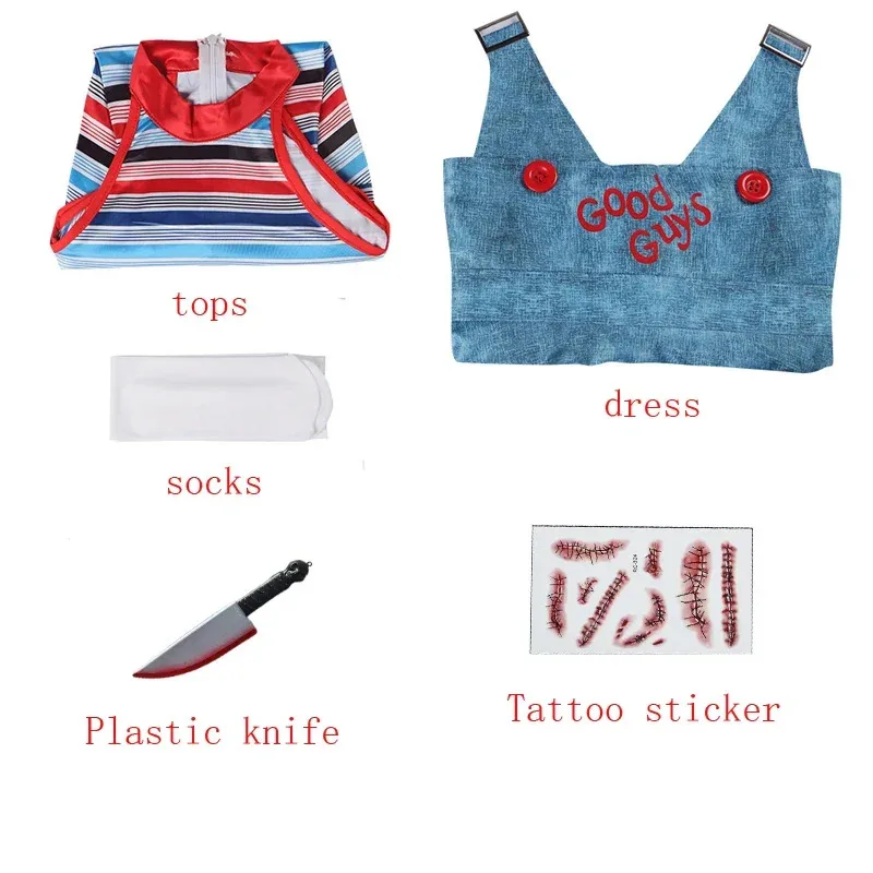 Halloween Ghost Doll Cosplay Chucky Costumes for Women Outfit Adult Girls Fancy Dresses Carnival Horror Ghost Doll Clown Costume