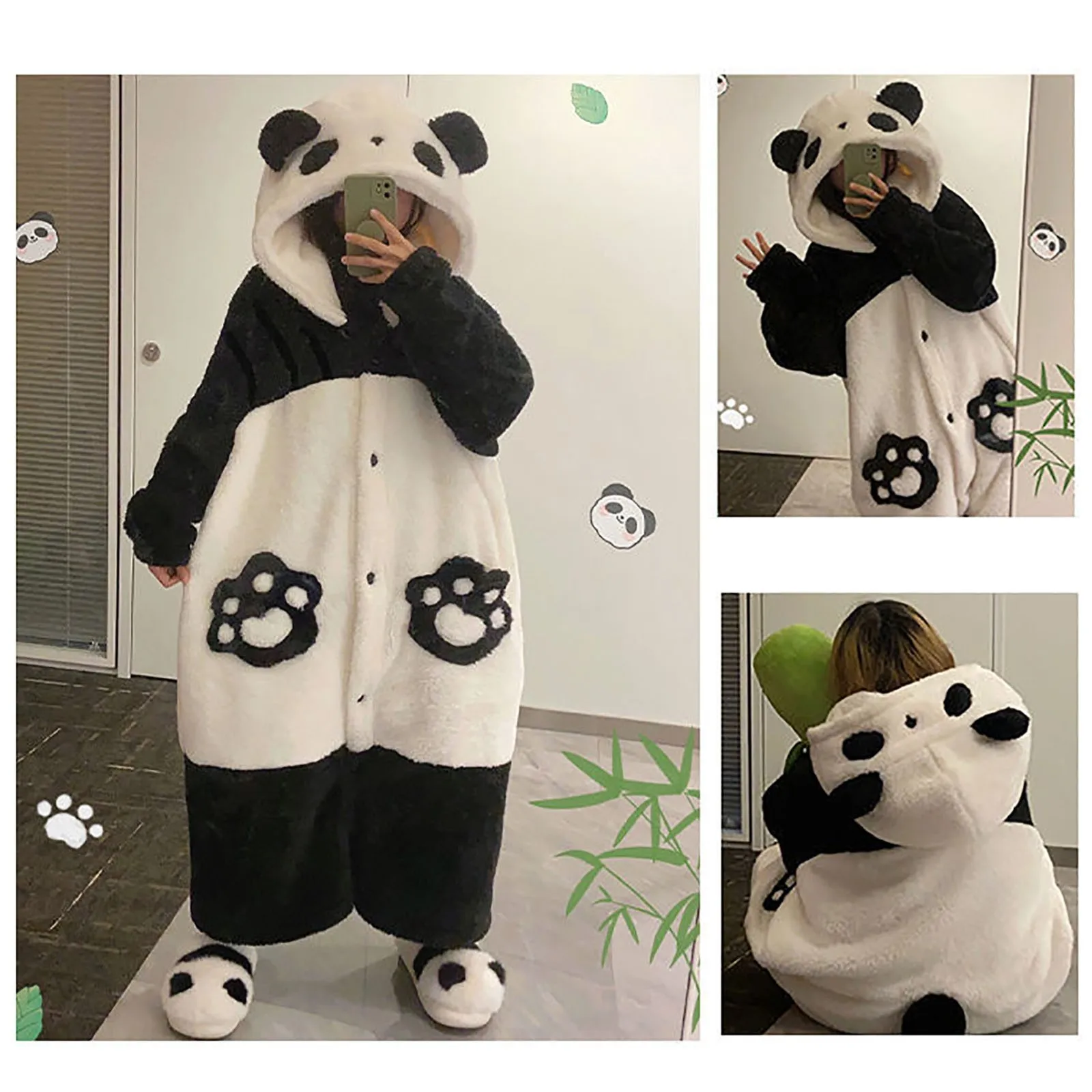 Women Sleepwear Plush Onesies Pajamas Autumn Winter Kawaii Panda Cosplay Costume Black White Patchwork Button Hooded Nightgown